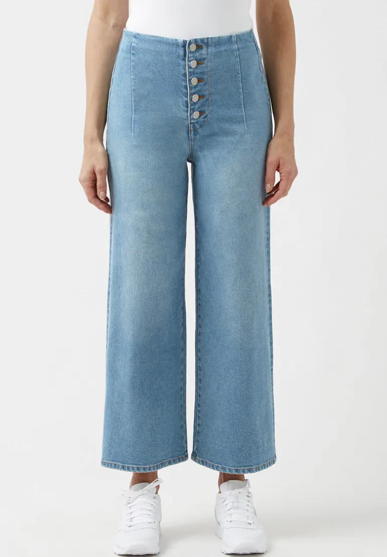 Adela Women's High Rise Cropped Jeans with Buttoned Fly, Medium Blue - BL15874
