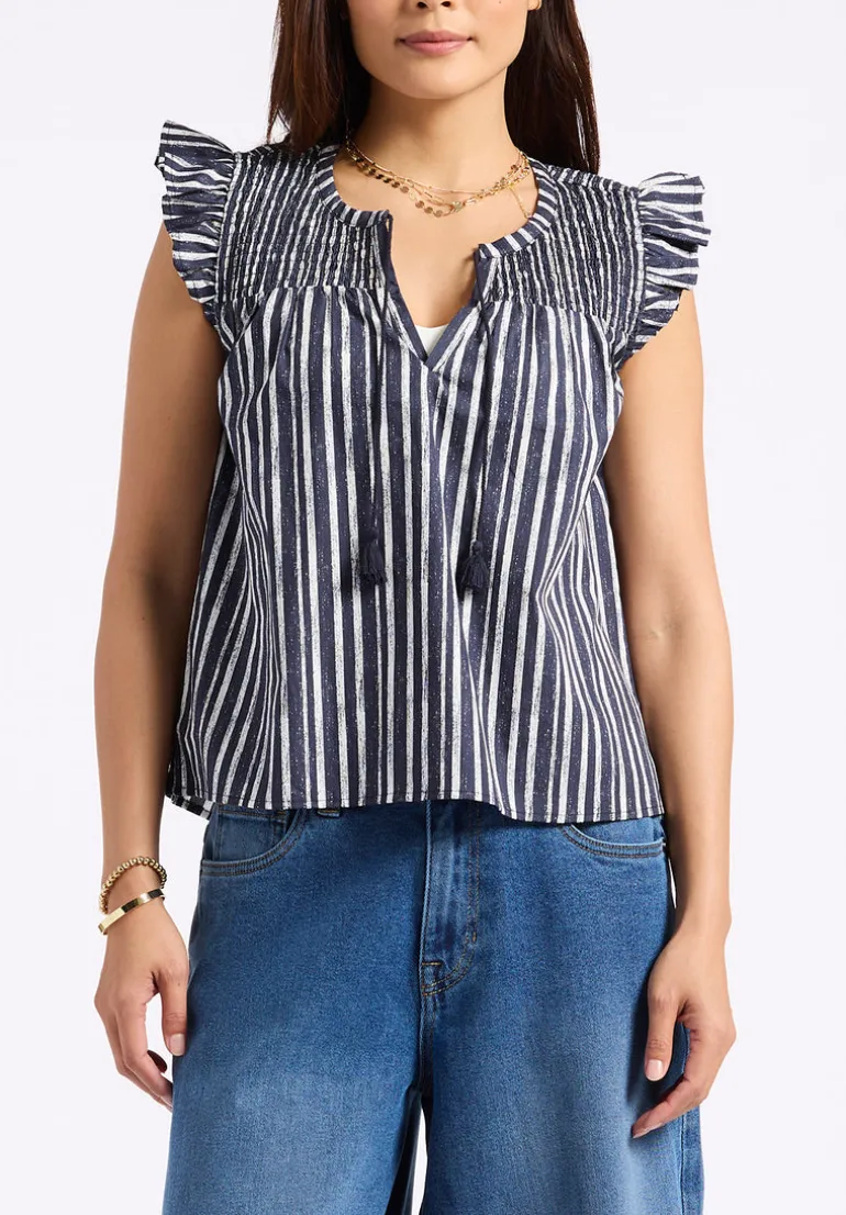 Alda Women's Vertical Stripe Sleeveless Ruffle Top with Smocked Yoke, Indigo - WT0157P