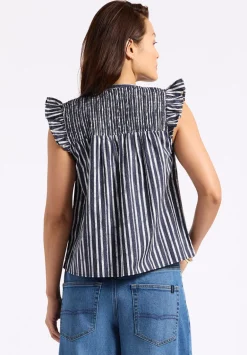 Alda Women's Vertical Stripe Sleeveless Ruffle Top with Smocked Yoke, Indigo - WT0157P