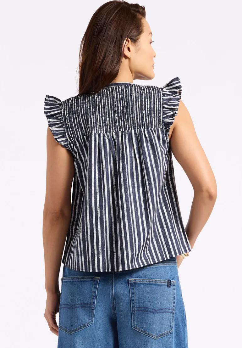 Alda Women's Vertical Stripe Sleeveless Ruffle Top with Smocked Yoke, Indigo - WT0157P