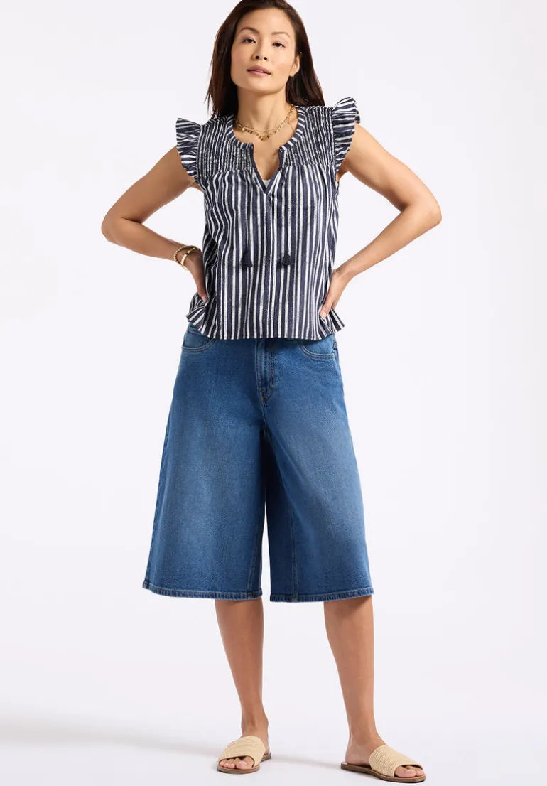 Alda Women's Vertical Stripe Sleeveless Ruffle Top with Smocked Yoke, Indigo - WT0157P