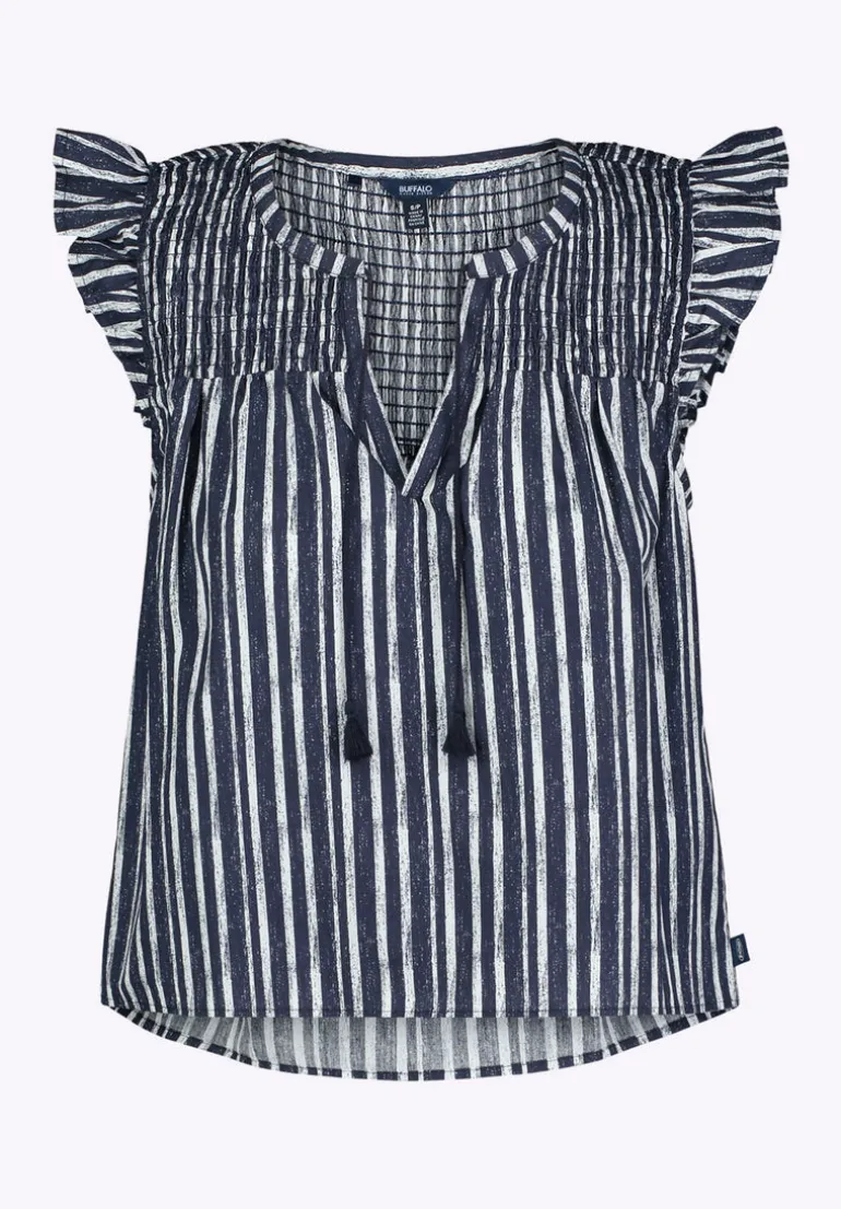 Alda Women's Vertical Stripe Sleeveless Ruffle Top with Smocked Yoke, Indigo - WT0157P