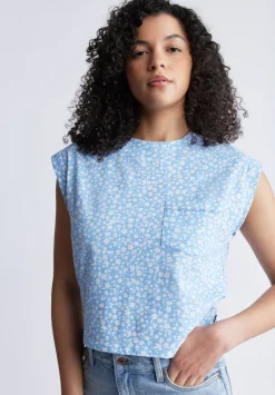 Amandine Women's Cap-Sleeve Crop Top, Blue with White Flowers - KT0148S