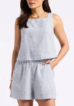 Benedita Women's Striped Sleeveless Linen Top, White & Navy - WT0198P