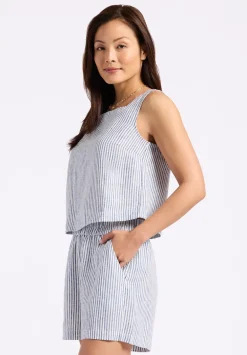 Benedita Women's Striped Sleeveless Linen Top, White & Navy - WT0198P