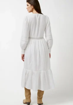 Bergen Women's Long Puff Sleeves V-Neck Tiered Dress, White - WD0672P