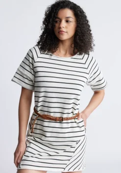 Delfina Women's Striped T-Shirt Dress, White & Black - KD0006S