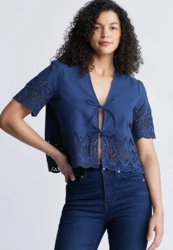 Dolly Women's Short-Sleeve Tie Front Crop Blouse, Navy - WT0104S