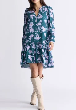 Dovie Women's Floral-Print Long-Sleeve Tiered Short Dress, Green & Purple - WD0057F