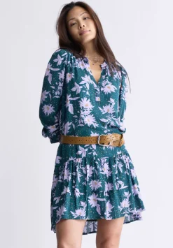 Dovie Women's Floral-Print Long-Sleeve Tiered Short Dress, Green & Purple - WD0057F