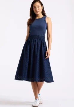 Drea Women's Tank Dress with Eyelet Embroidered Skirt, Navy - WD0067P