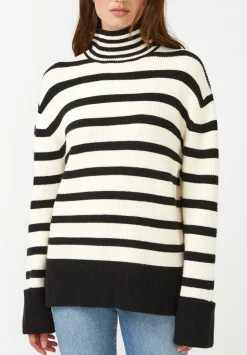 Drew Women's Striped Funnel Neck Sweater, Black & White - SW0020F