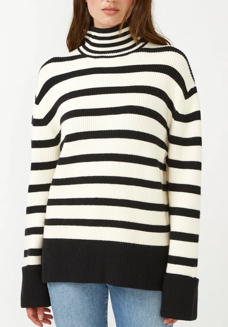 Drew Women's Striped Funnel Neck Sweater, Black & White - SW0020F