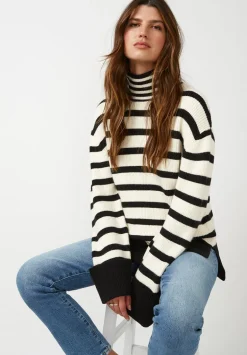 Drew Women's Striped Funnel Neck Sweater, Black & White - SW0020F