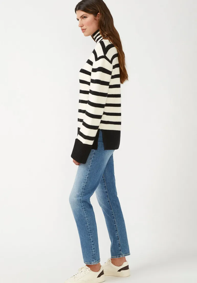 Drew Women's Striped Funnel Neck Sweater, Black & White - SW0020F