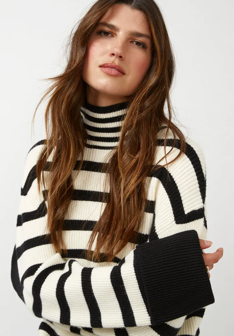 Drew Women's Striped Funnel Neck Sweater, Black & White - SW0020F