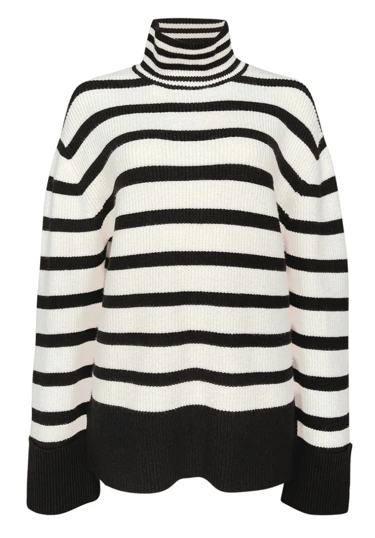 Drew Women's Striped Funnel Neck Sweater, Black & White - SW0020F