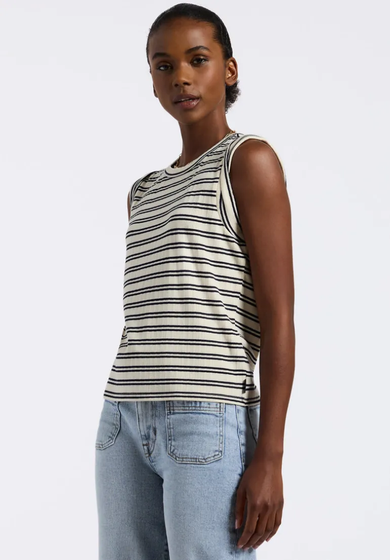 Elayne Women’s Striped Sleeveless Top, Marshmallow & Black - KT0180P