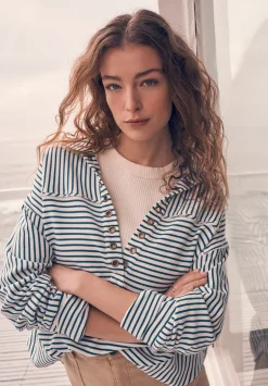 Ellowynne Women’s Striped Sweatshirt, White & Blue - KT0099P