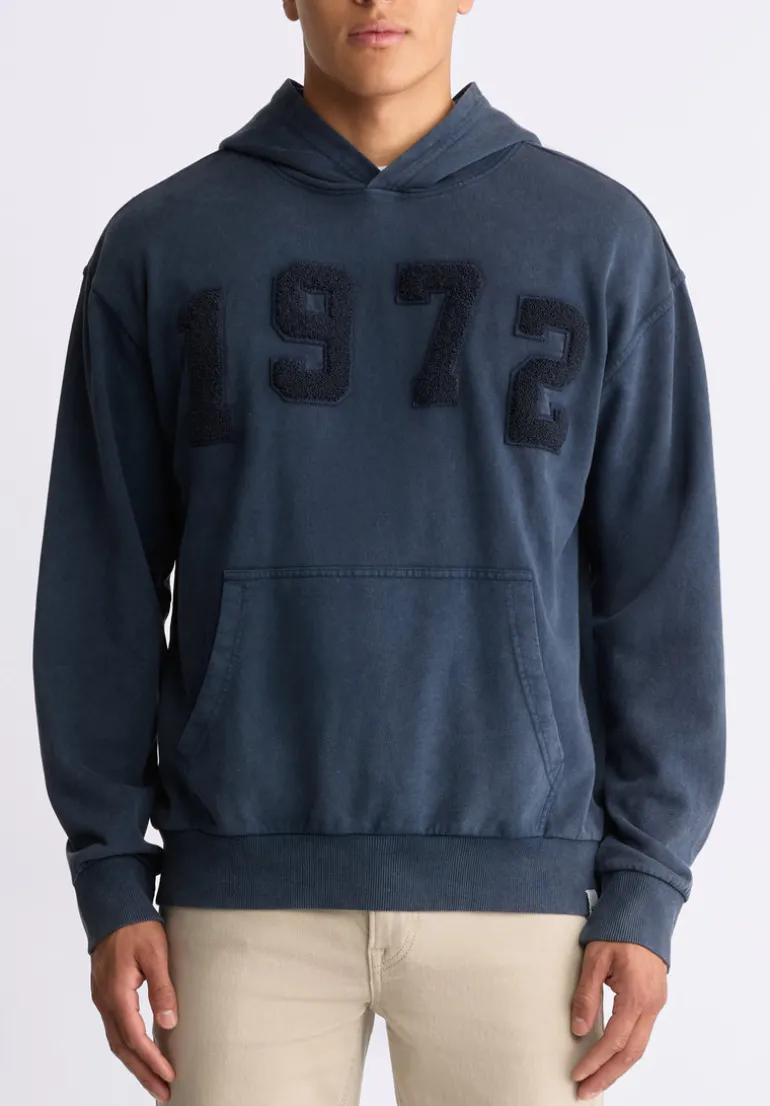 Farhim Men's Hoodie with Textured Appliqué, Midnight Blue - BM24517
