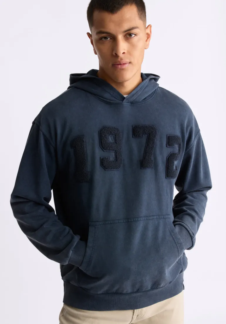 Farhim Men's Hoodie with Textured Appliqué, Midnight Blue - BM24517
