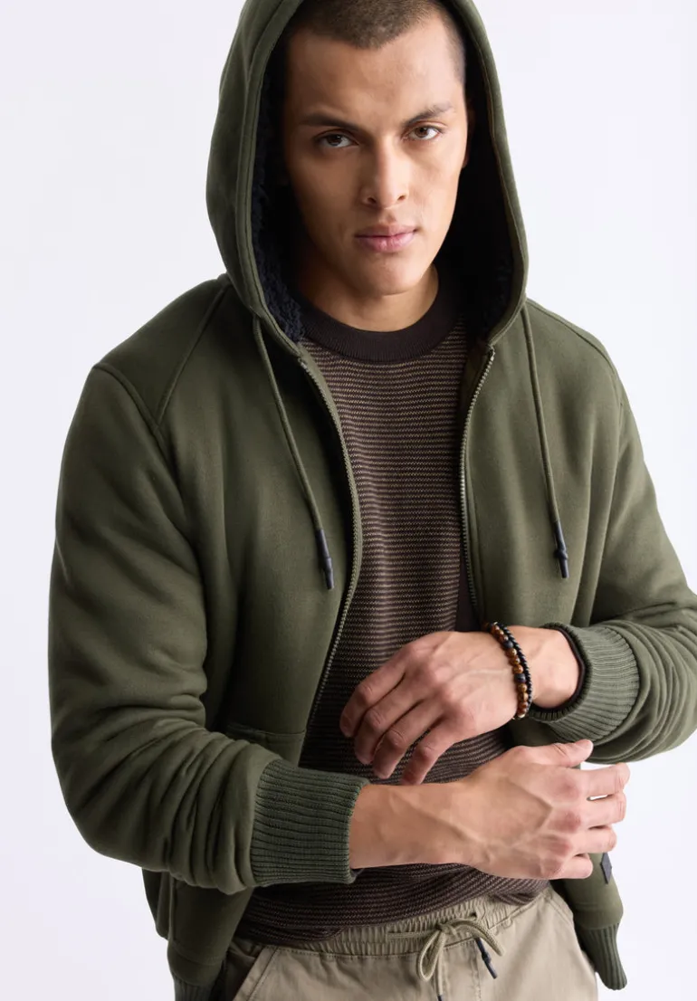 Fasox Men's Zip-Up Hooded Jacket with Sherpa Lining, Fern Green - BM24463