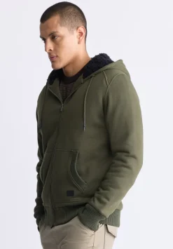 Fasox Men's Zip-Up Hooded Jacket with Sherpa Lining, Fern Green - BM24463