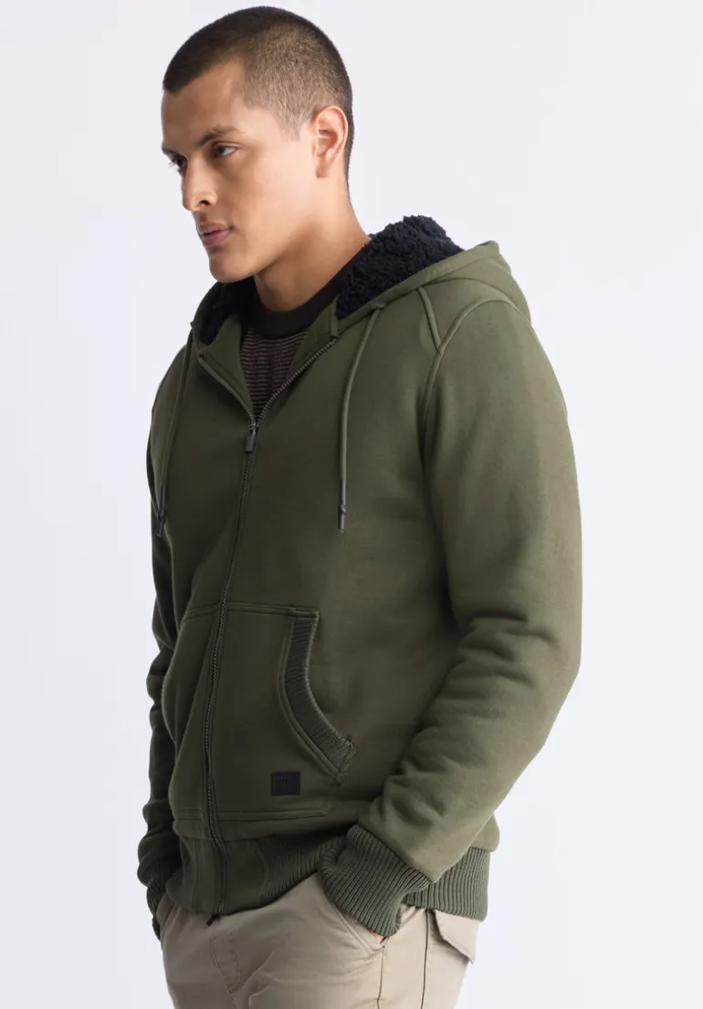 Fasox Men's Zip-Up Hooded Jacket with Sherpa Lining, Fern Green - BM24463