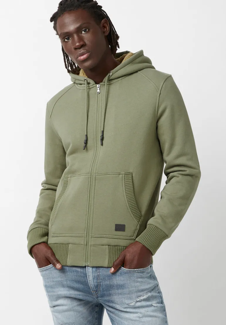 Fasox Men's Zip-Up Hooded Jacket with Sherpa Lining, Army green - BM24161