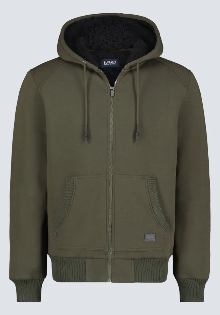 Fasox Men's Zip-Up Hooded Jacket with Sherpa Lining, Fern Green - BM24463
