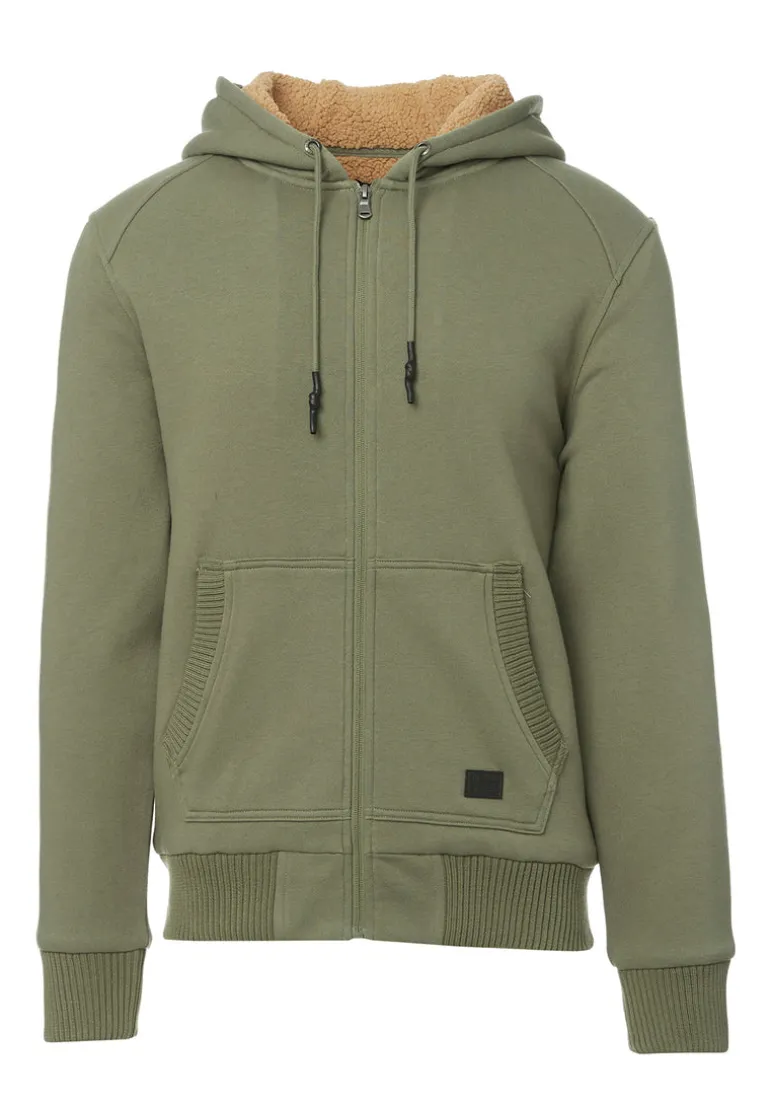 Fasox Men's Zip-Up Hooded Jacket with Sherpa Lining, Army green - BM24161