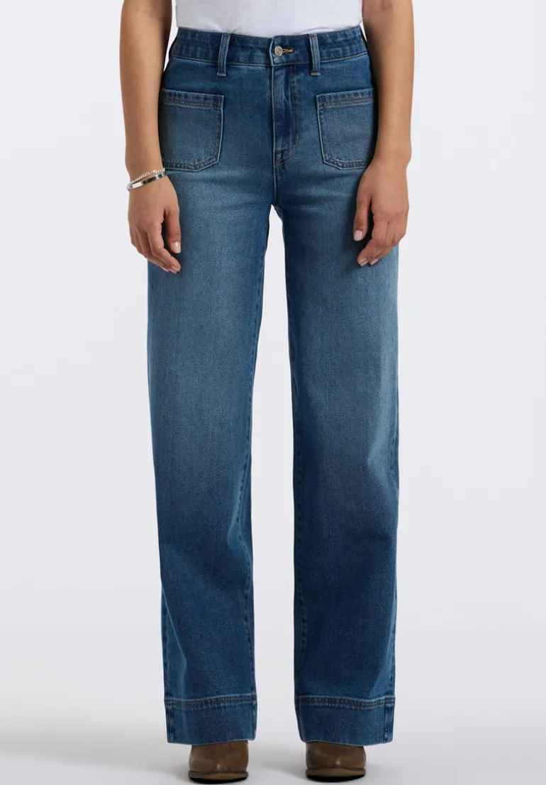 High Rise Wide Leg Addie Women's Jeans, Authentic Worn Indigo - BL16064