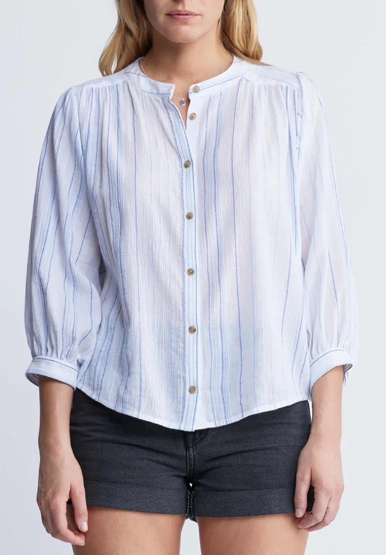 Ishara Women’s Balloon Sleeve Striped Blouse, White & Light Blue - WT0097P