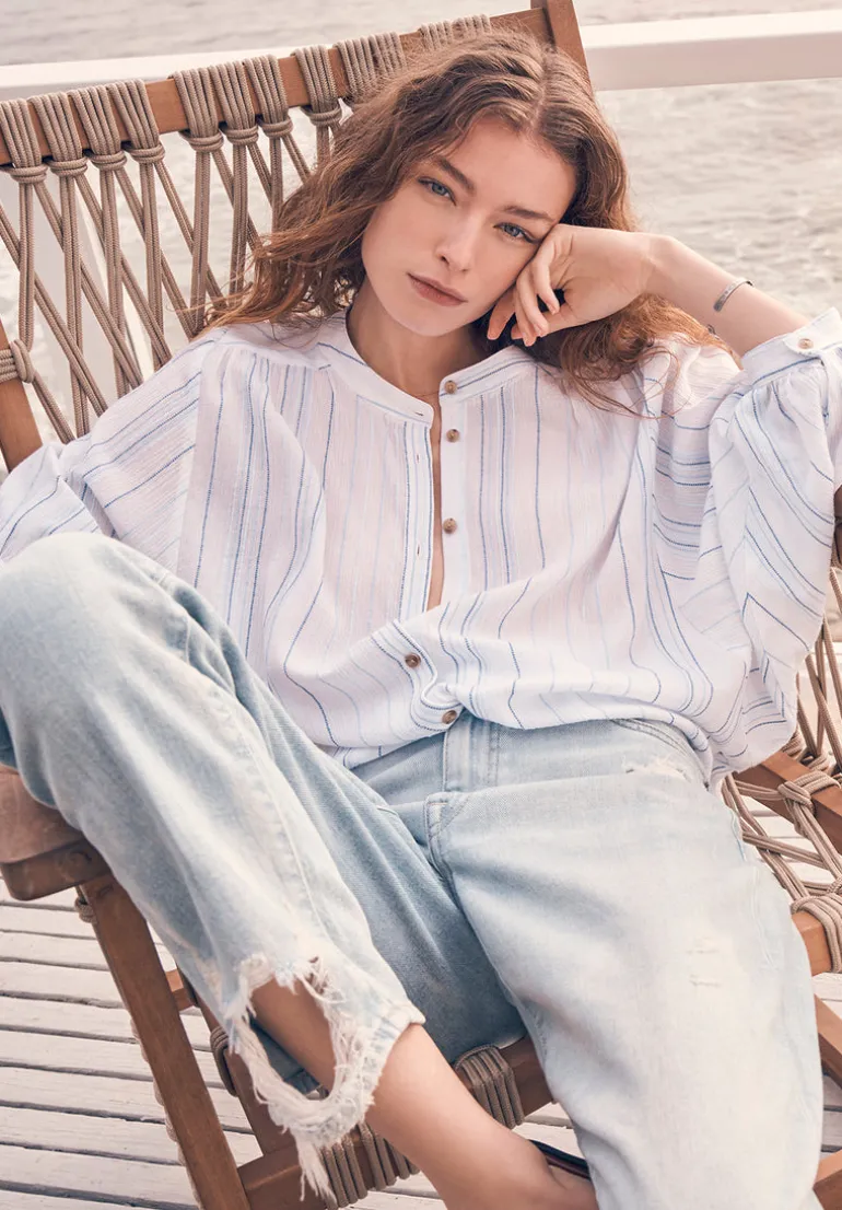 Ishara Women’s Balloon Sleeve Striped Blouse, White & Light Blue - WT0097P