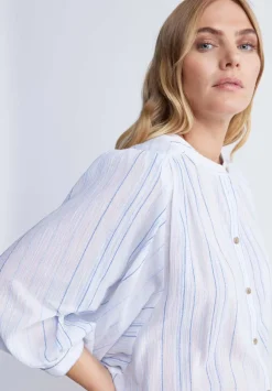 Ishara Women’s Balloon Sleeve Striped Blouse, White & Light Blue - WT0097P