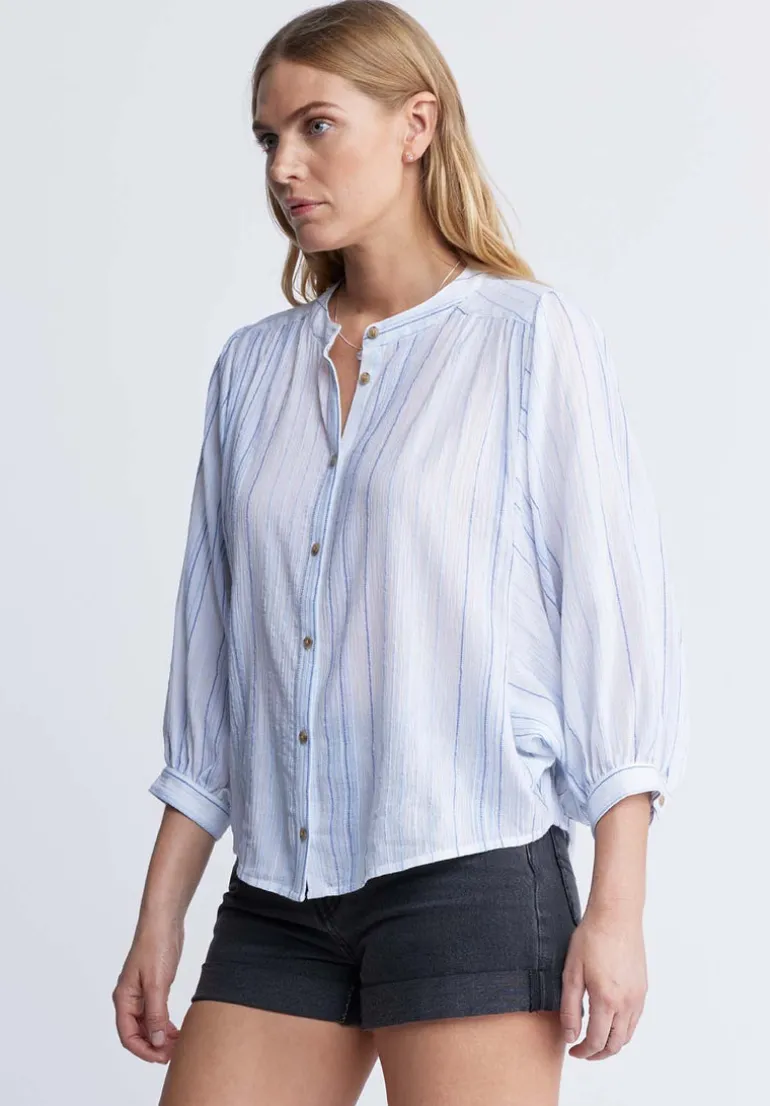 Ishara Women’s Balloon Sleeve Striped Blouse, White & Light Blue - WT0097P