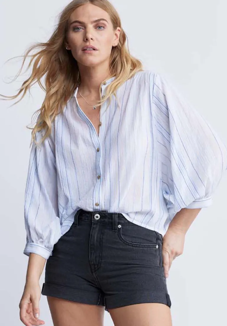 Ishara Women’s Balloon Sleeve Striped Blouse, White & Light Blue - WT0097P
