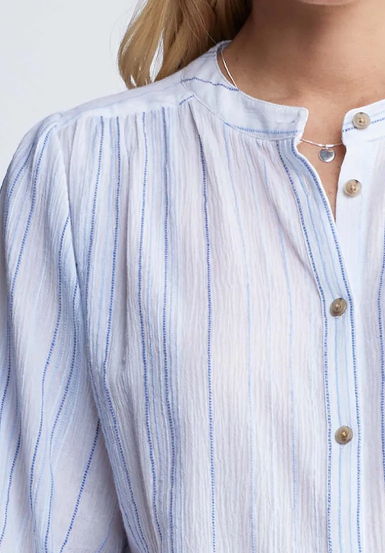 Ishara Women’s Balloon Sleeve Striped Blouse, White & Light Blue - WT0097P