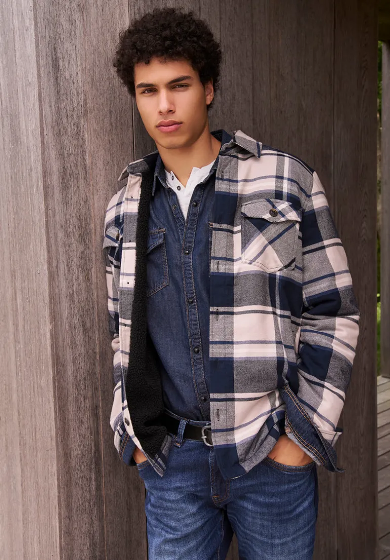 Jalika Men's Plaid Shacket with Sherpa Lining, Cream & Navy - BM24447
