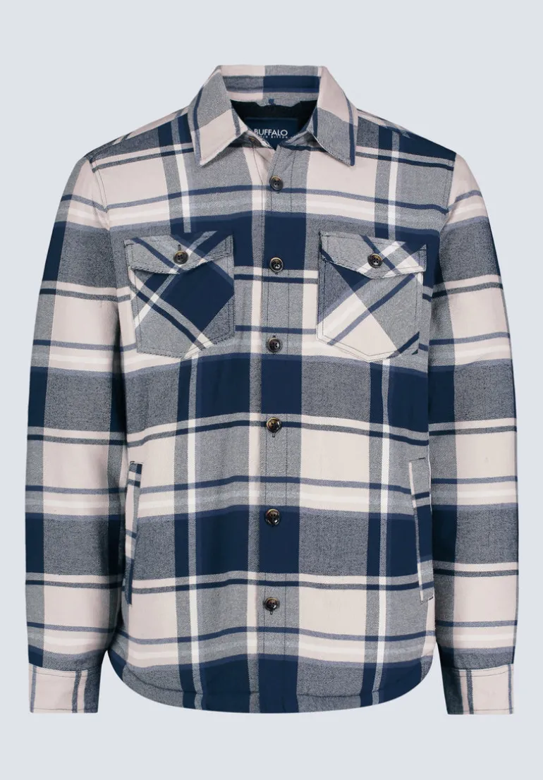 Jalika Men's Plaid Shacket with Sherpa Lining, Cream & Navy - BM24447