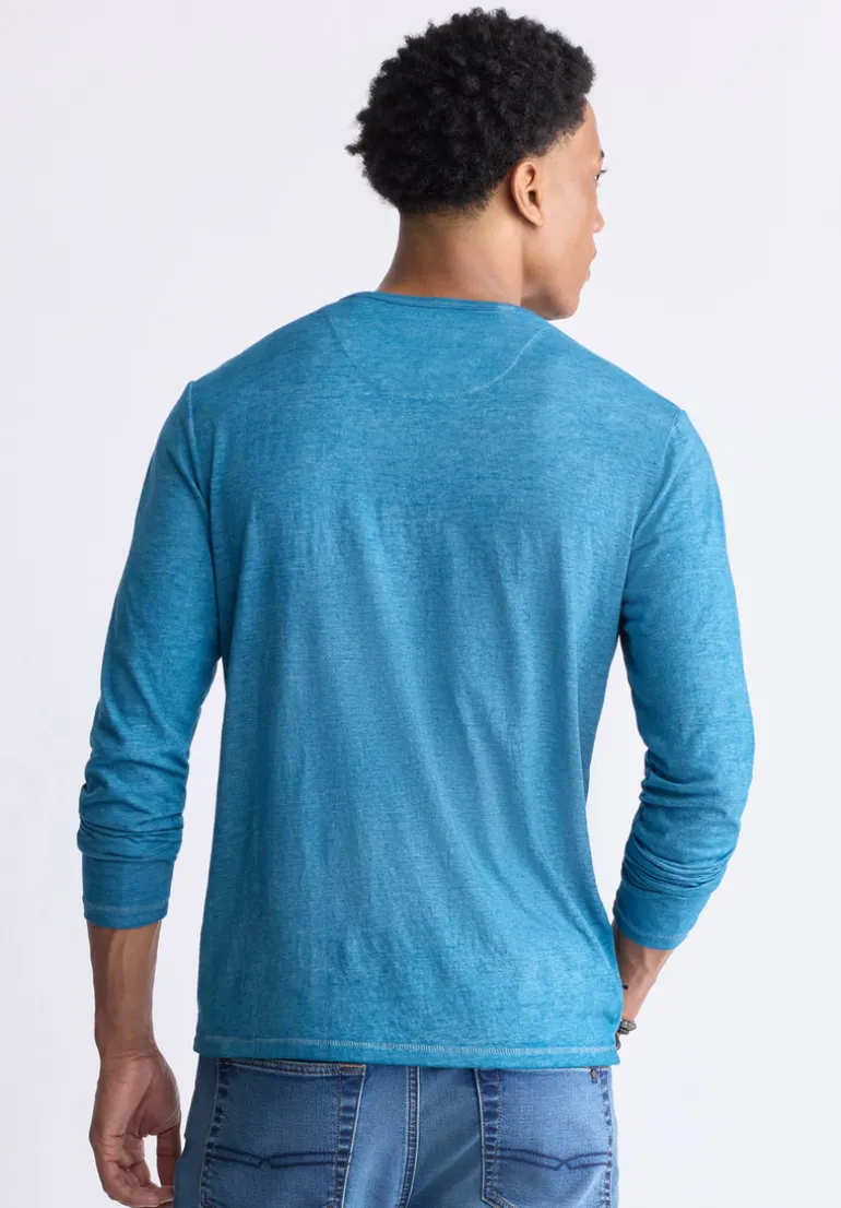 Kaduk Men's Long-Sleeve Burnout Henley Top, Atlantic Blue - BM24237