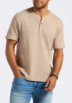 Kandido Men's Short Sleeve Slub Jersey Relaxed Henley Top, Tuffet Beige - BM24605