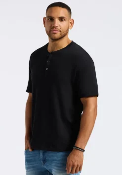 Kandido Men's Short Sleeve Slub Jersey Relaxed Henley Top, Black - BM24605