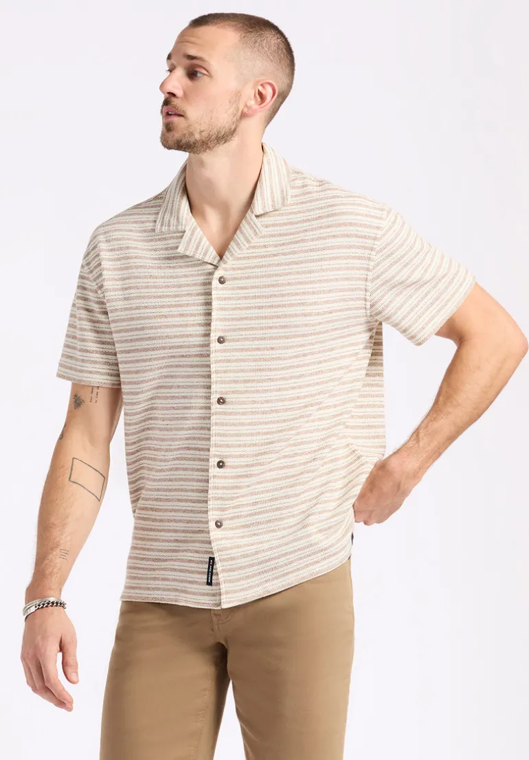 Koddy Men's Short-Sleeve Striped Jersey Button-Up Relaxed Fit Shirt, Woodsmoke Beige - BM24599