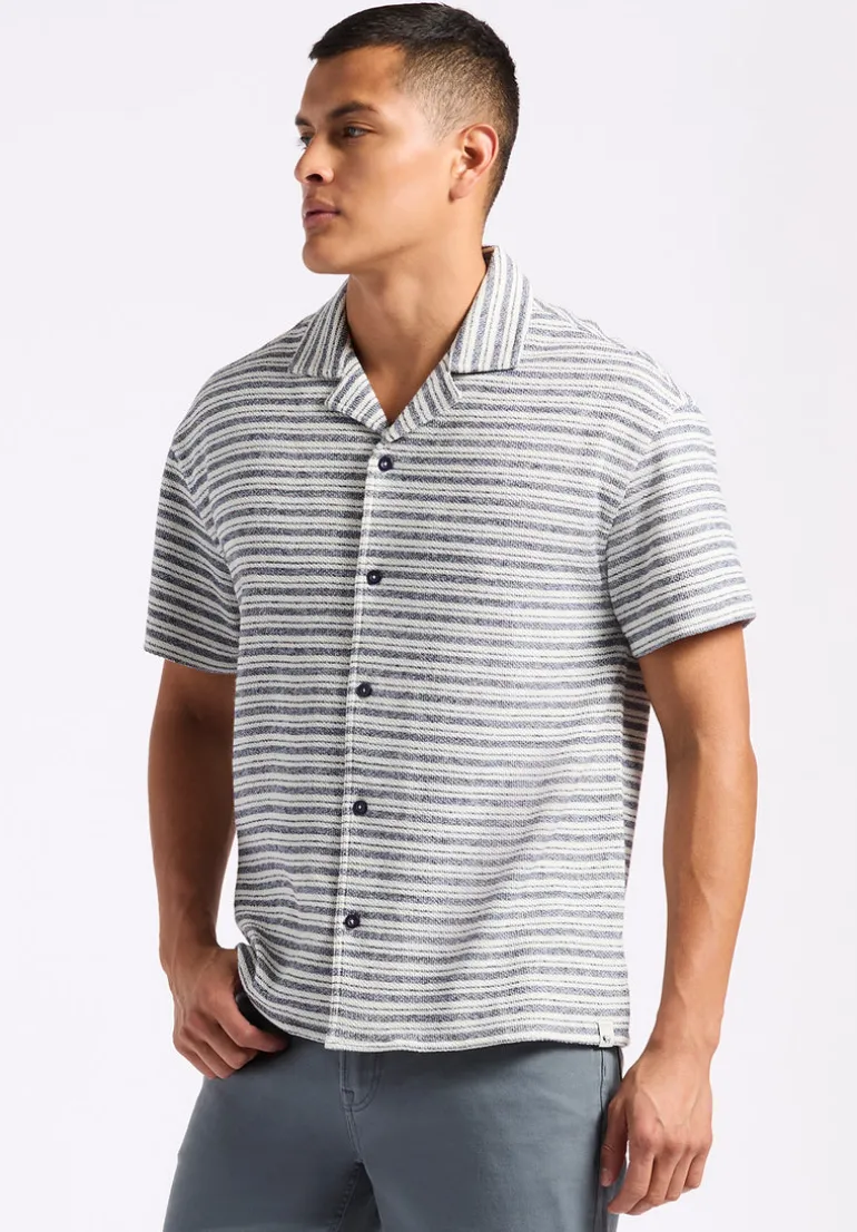 Koddy Men's Short-Sleeve Striped Jersey Button-Up Relaxed Fit Shirt, Midnight Blue - BM24599
