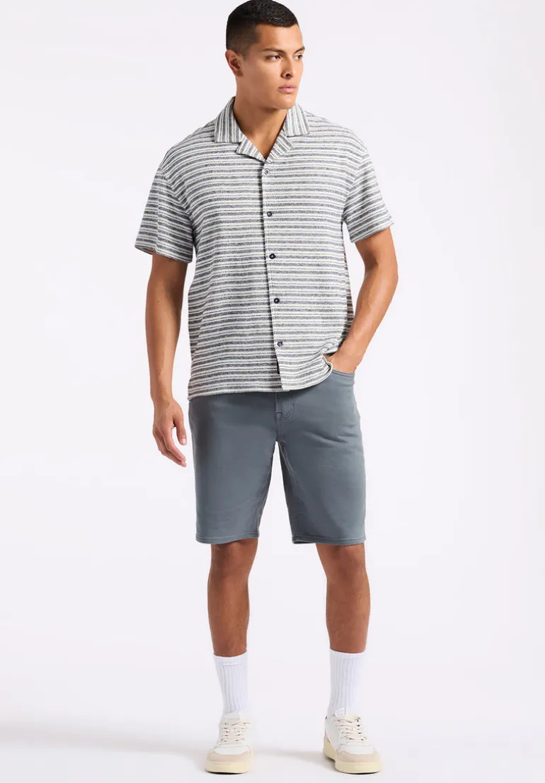 Koddy Men's Short-Sleeve Striped Jersey Button-Up Relaxed Fit Shirt, Midnight Blue - BM24599