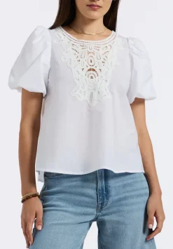 Leonella Women's Puff Sleeve Embroidered Blouse, White - WT0204P