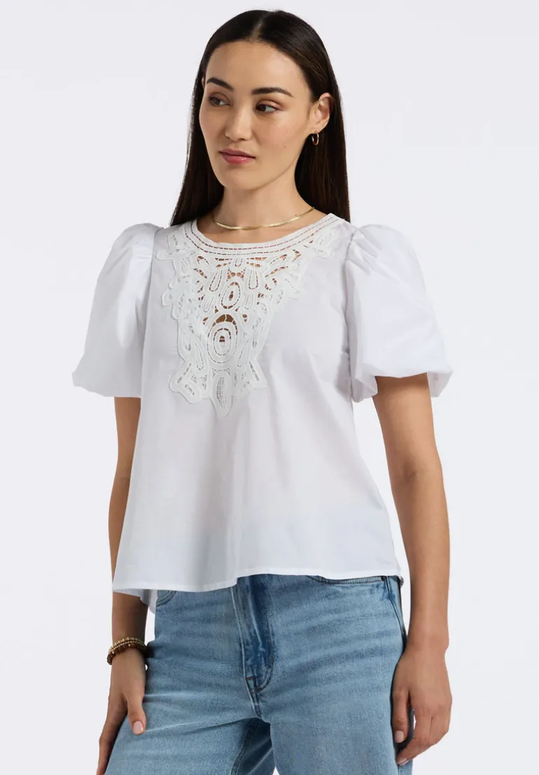 Leonella Women's Puff Sleeve Embroidered Blouse, White - WT0204P
