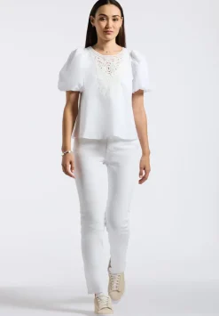 Leonella Women's Puff Sleeve Embroidered Blouse, White - WT0204P