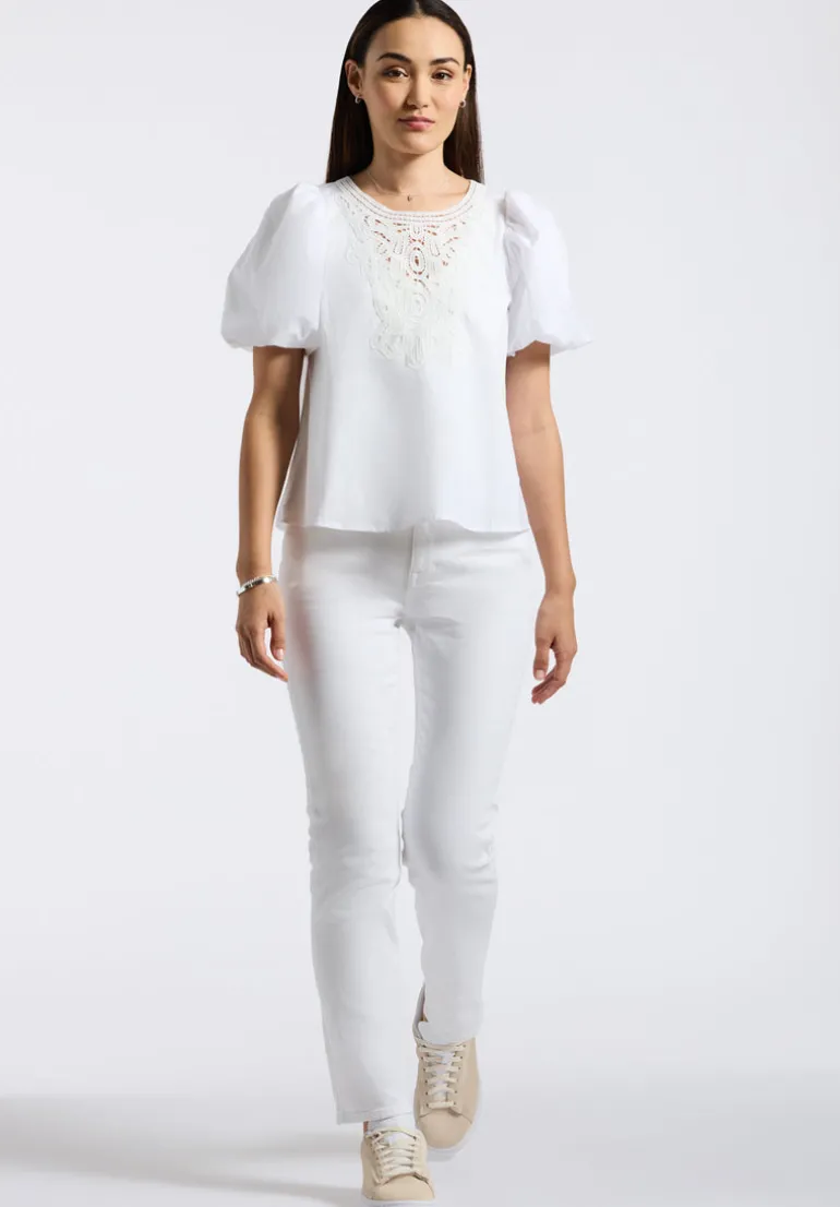 Leonella Women's Puff Sleeve Embroidered Blouse, White - WT0204P